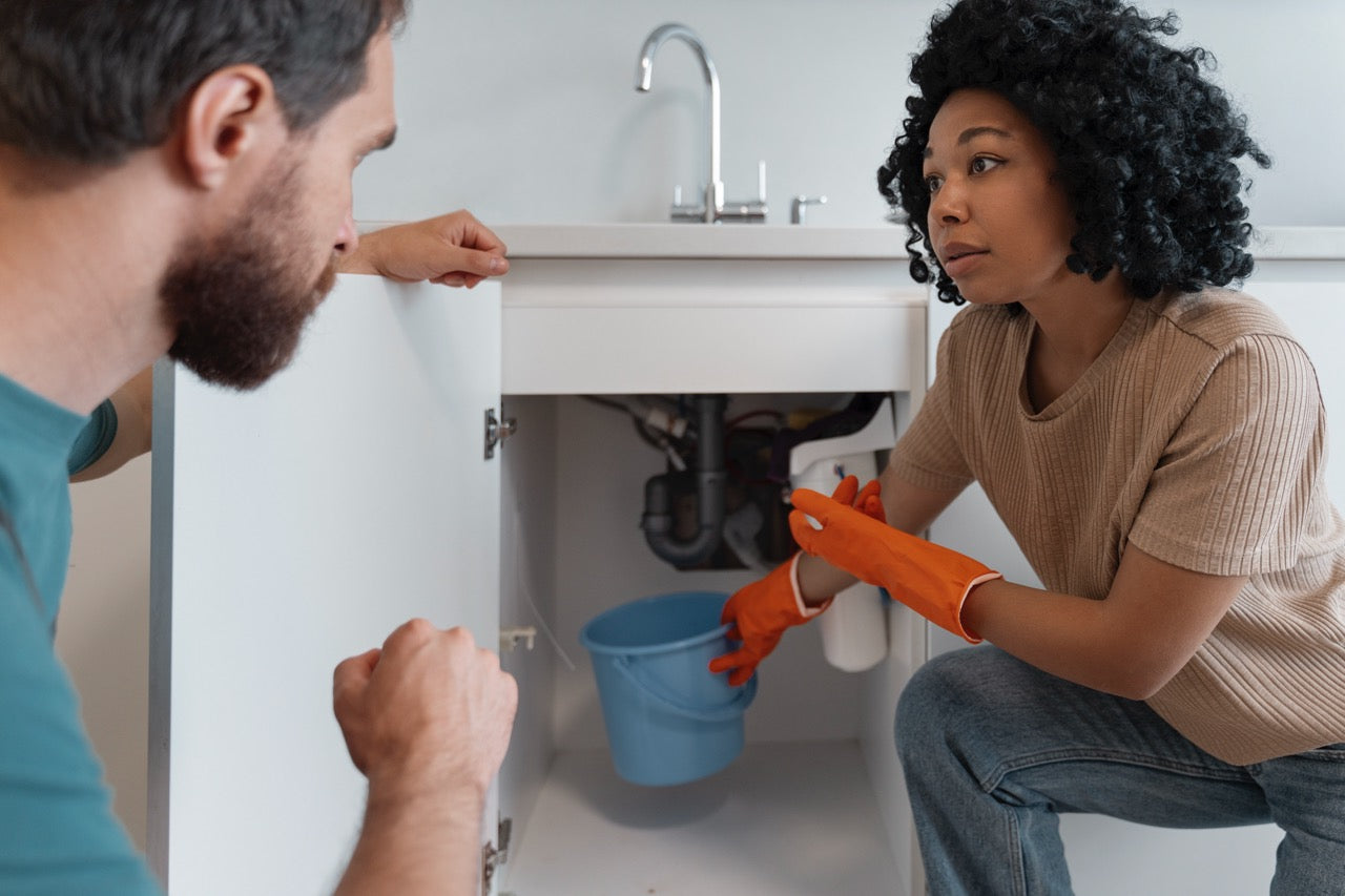 Femme tenant un sceau sous son évier en parlant à un homme l'air un peu énervé